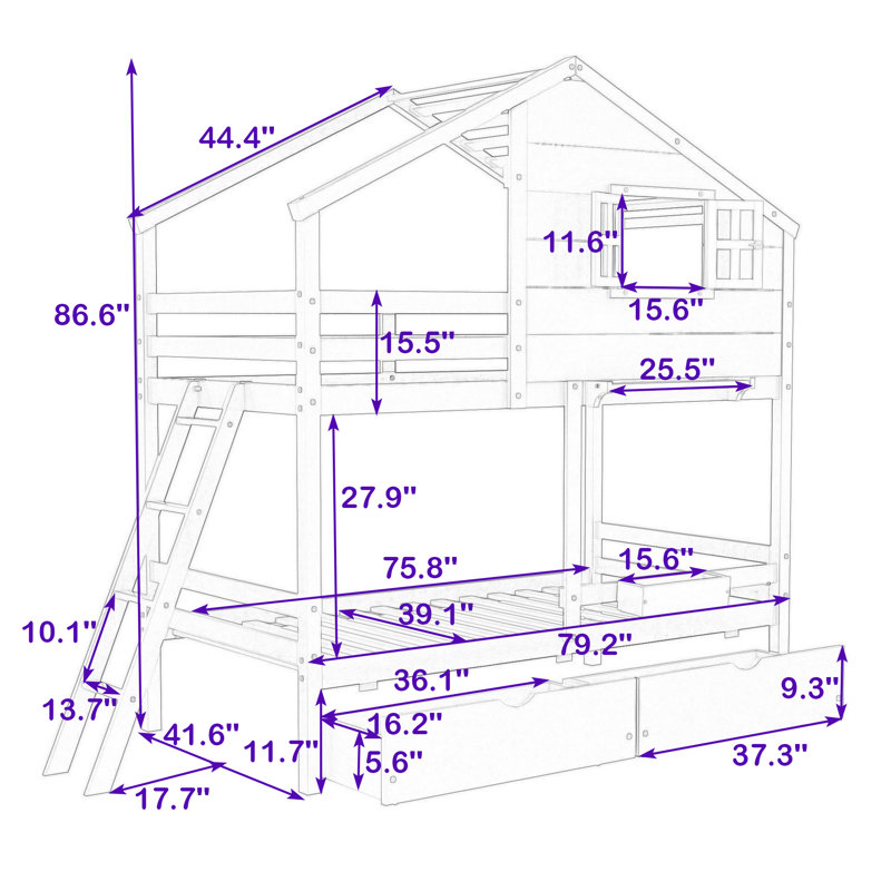 Lit superposé simple en bois en forme de maison avec tiroirs de rangement et fenêtre, Blanc