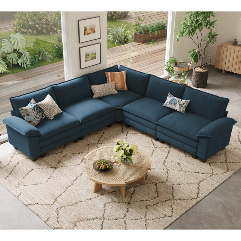  Colbey 119" Upholstered L-shape Modular Cloud Corner Sectional, Elio Navy Corduroy, 34.64" H x 119" W x 119" D