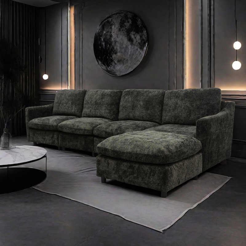 Modulaire moderne en forme de L avec méridienne - noir pour la mousse de salon, conception ergonomique, siège confortable surdimensionné et profond, velours court et moelleux, aucun assemblage requis