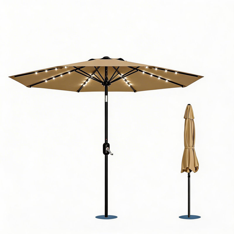 Parasol de patio 10 pi, 8 baleines robustes, avec lumières, Tanné