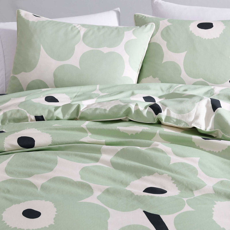 Unikko Orange/Green/White Organic Cotton Duvet Cover Set, Queen Duvet Cover + 2 Standard Shams, Green/Black/White