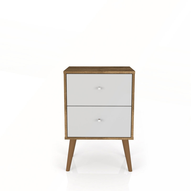 Table de chevet moderne Mid-Century à 2 tiroirs Liberty en brun rustique et blanc, Brun rustique / Blanc