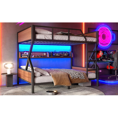 Lit superposé double au-dessus de double, lit superposé en métal avec tablettes de rangement et lumières