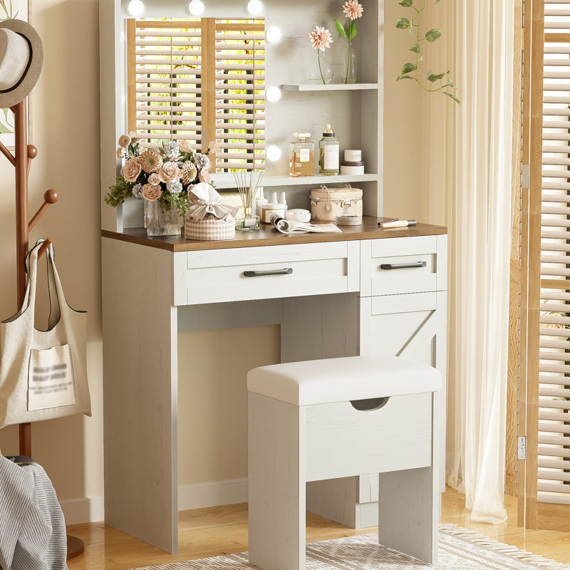 Coiffeuse blanche avec miroir, lumières, 3 modes, 2 tiroirs, tablettes réglables, armoire latérale pour miroir et armoire de coiffeuse de style chambre à coucher