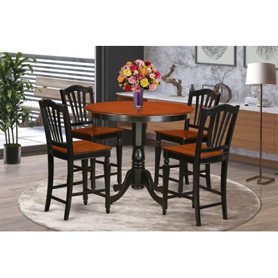 5 Piece Counter Height Pub Set Includes a Round Dining Table and 4 Kitchen Dining Chairs, Black & Cherry