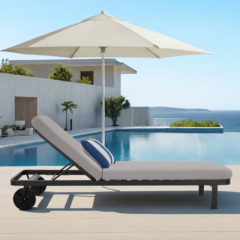 Callio Patio Metal Reclining Chaise Lounge with Wheels, Light Gray