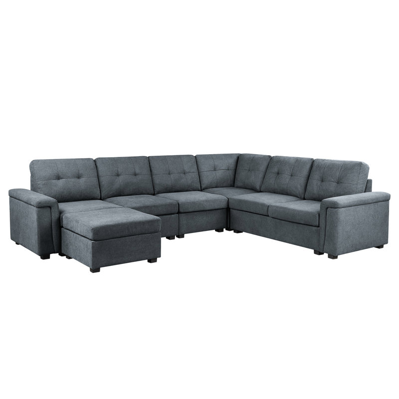 Canapé modulaire gris de 119 po avec 7 sièges, accoudoirs, coussins de dossier, siège amovible et 7 coussins en tissu, accoudoir confortable