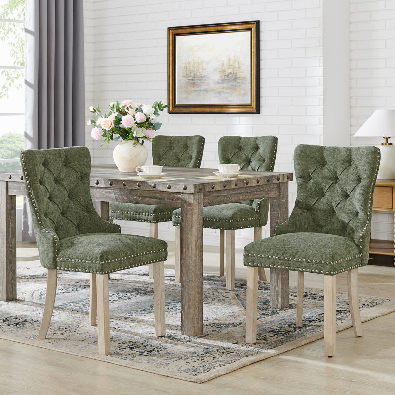 5 Piece Dining Table Set, Farmhouse Rectangular Kitchen Table & 4 Upholstery Chairs, Green, Green Chenille