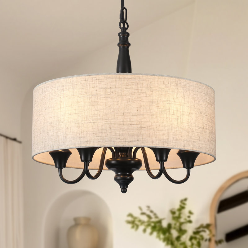 Lustre tambour 5 lumières à intensité variable avec abat-jour en lin et chaîne réglable, Noir mat