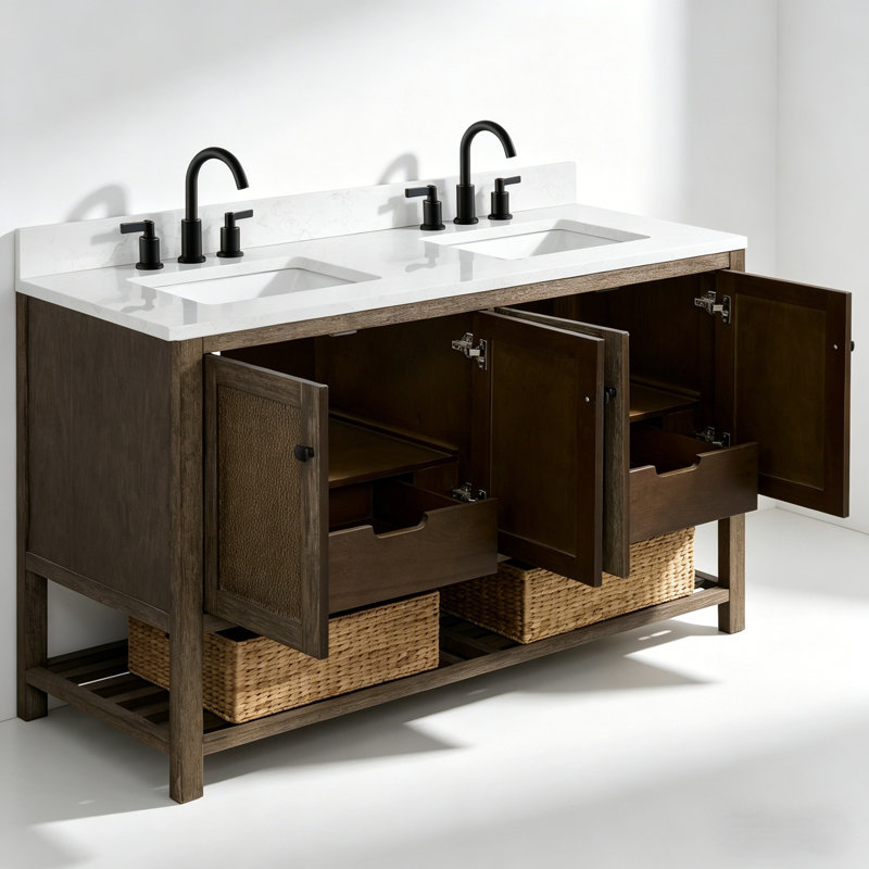60" Freestanding Double Sink Warm Natural Fir Bathroom Vanity with 1" White Engineered Marble Top