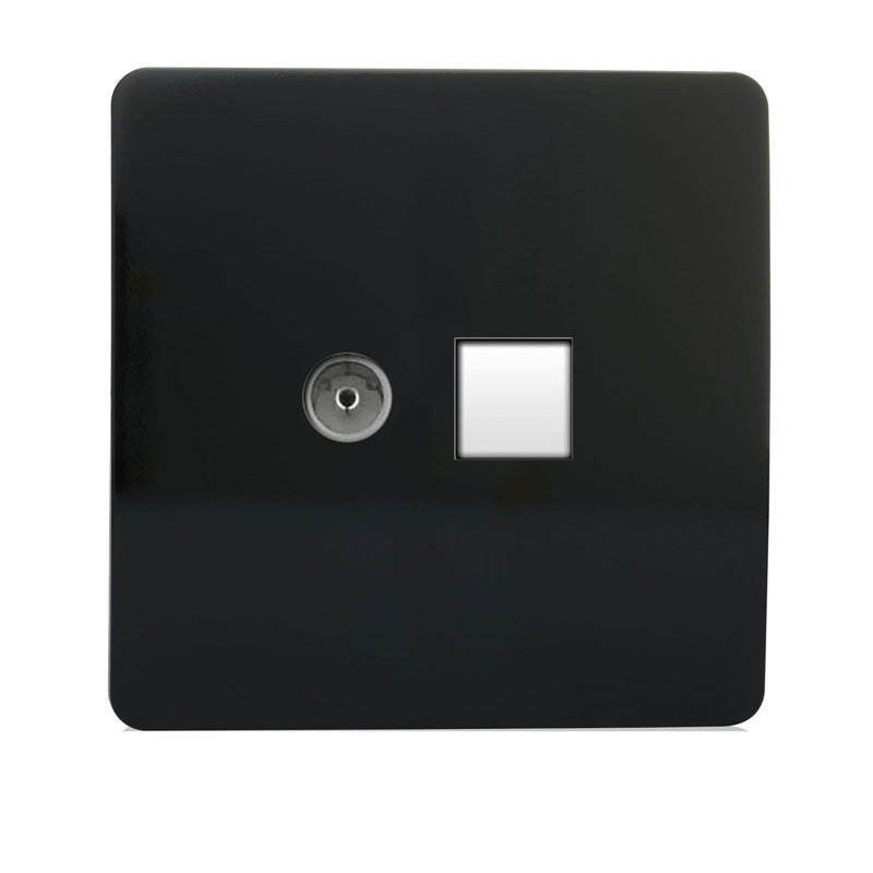 Trendi Switch 2 Gang TV Co-Axial & RJ45 Cat 6 Modern Designer PC Ethernet Sockets, Piano Black