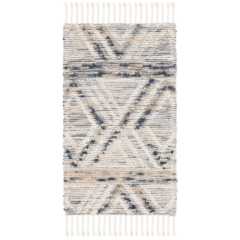 Garstang Geometric Hand-Loomed Jute/Sisal/Wool/Cotton Ivory / Blue Area Rug, Rectangle 3' x 5'