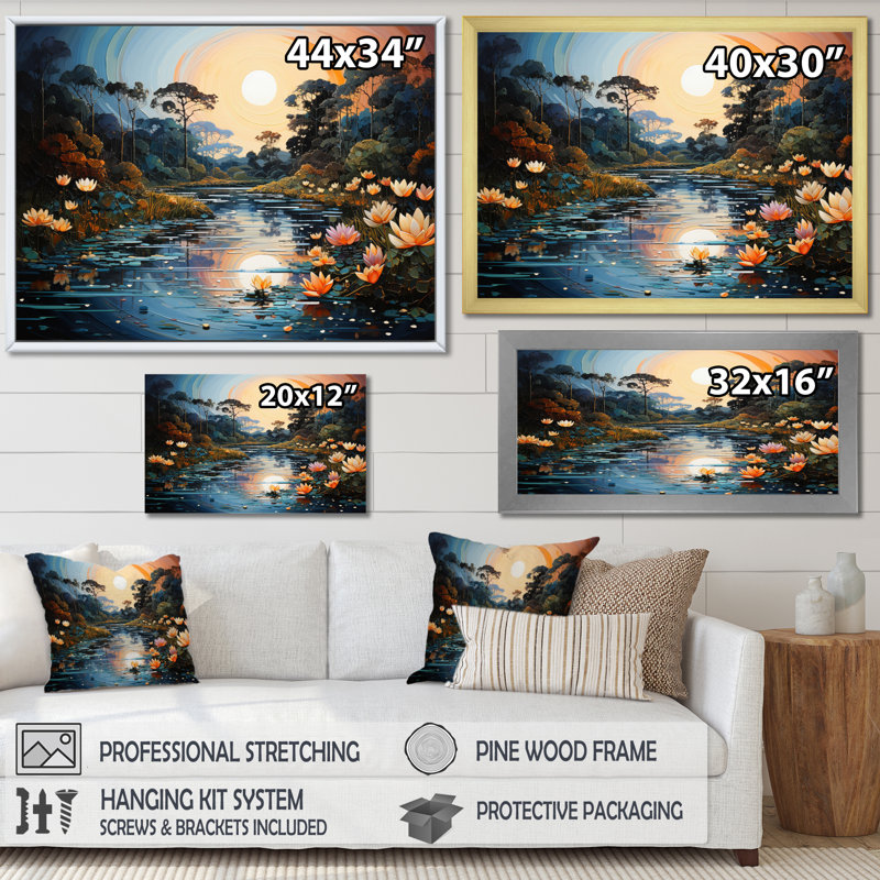Blue Green Pointillism River At Night V - Pointillism Wall Art Living Room, H 12 po x l 20 po x P 1 po, Cadre photo noir
