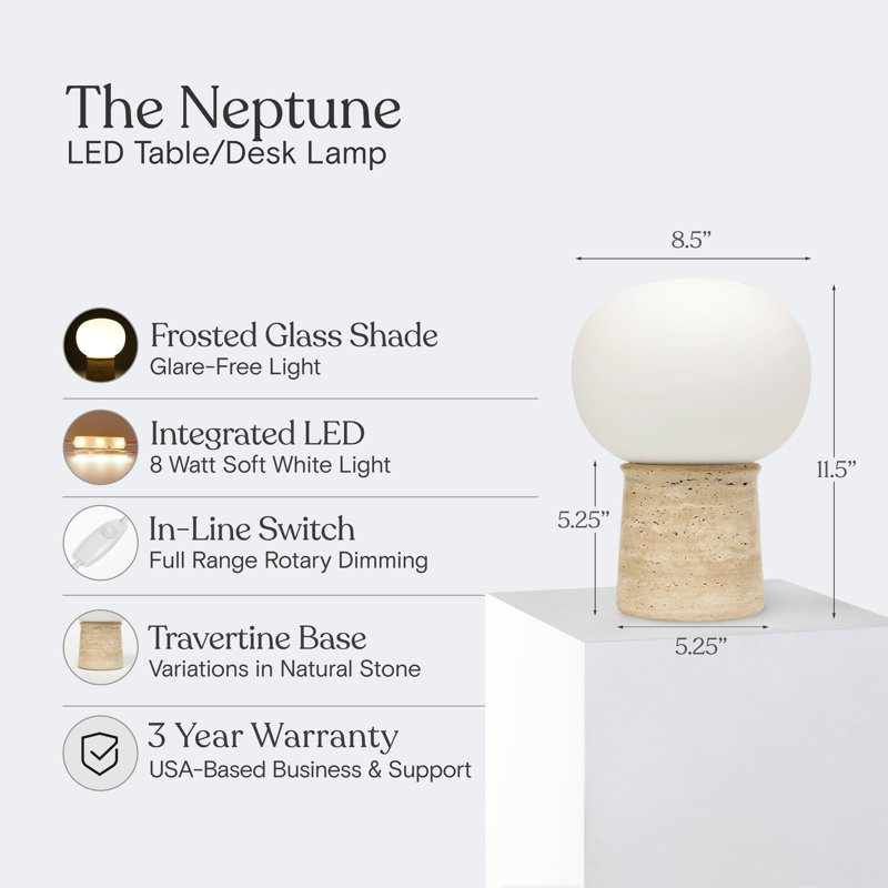 Neptune 12" LED Table Lamp With Natural Travertine Stone Base