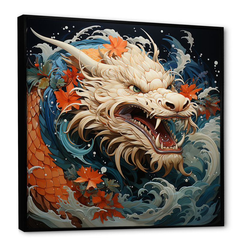 Vague de dragon japonais au large de Kanagawa I - Dragons, art mural, Cadre flottant noir, H 16 po x l 16 po x P 1 po