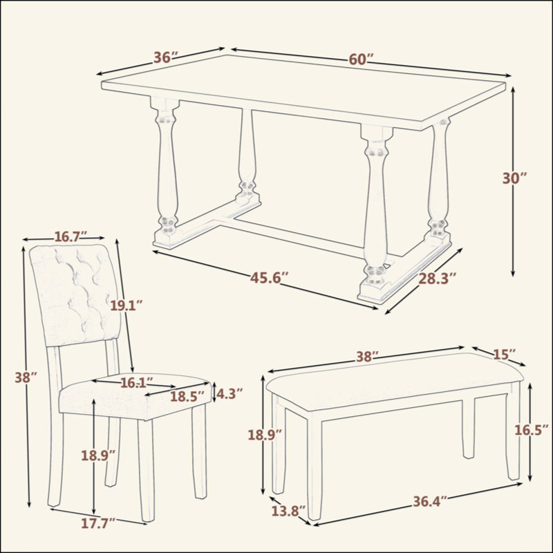 Ensemble de table et chaises de salle à manger 6 pièces avec pieds de forme spéciale et dossiers et coussins recouverts de mousse pour la salle à manger