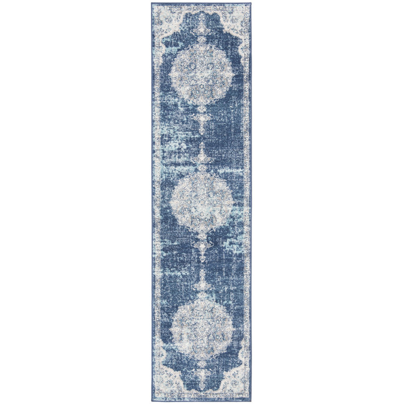 Tapis oriental bleu marine / ivoire Barcus, Tapis de couloir 2 pi x 6 pi