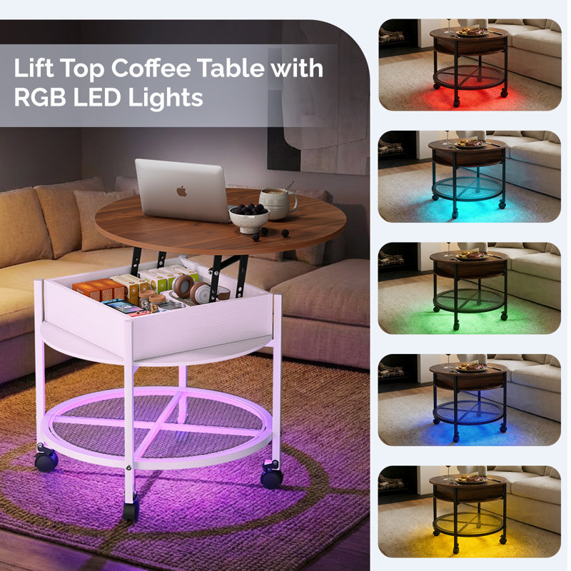 Lift Top Round Coffee Table With Rgb Led Lights, Rolling Storage Table With Lockable Casters For Living Room