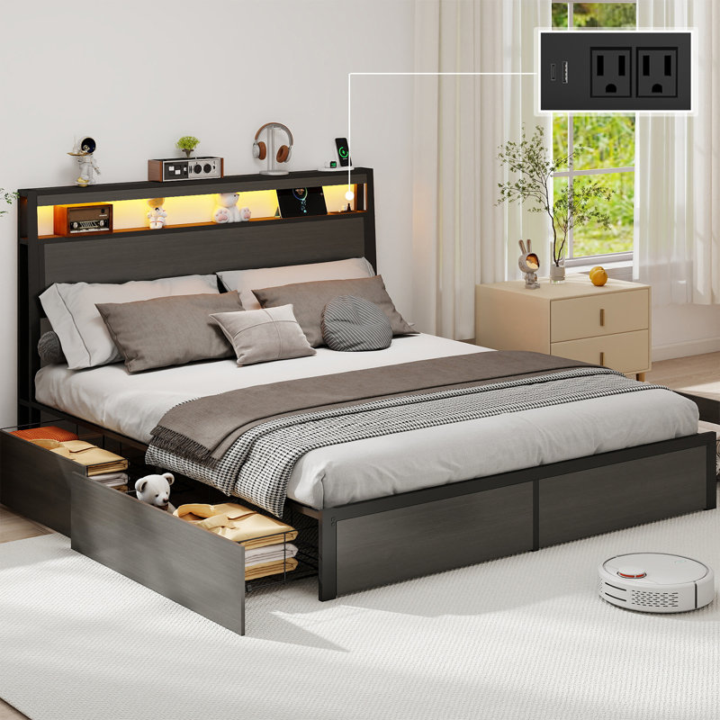 Oneita Bed Frame with 4 Storage Drawers and 2-tier Solid Wood Headboard Storage With Charging Station and LED Lights, Noise Free