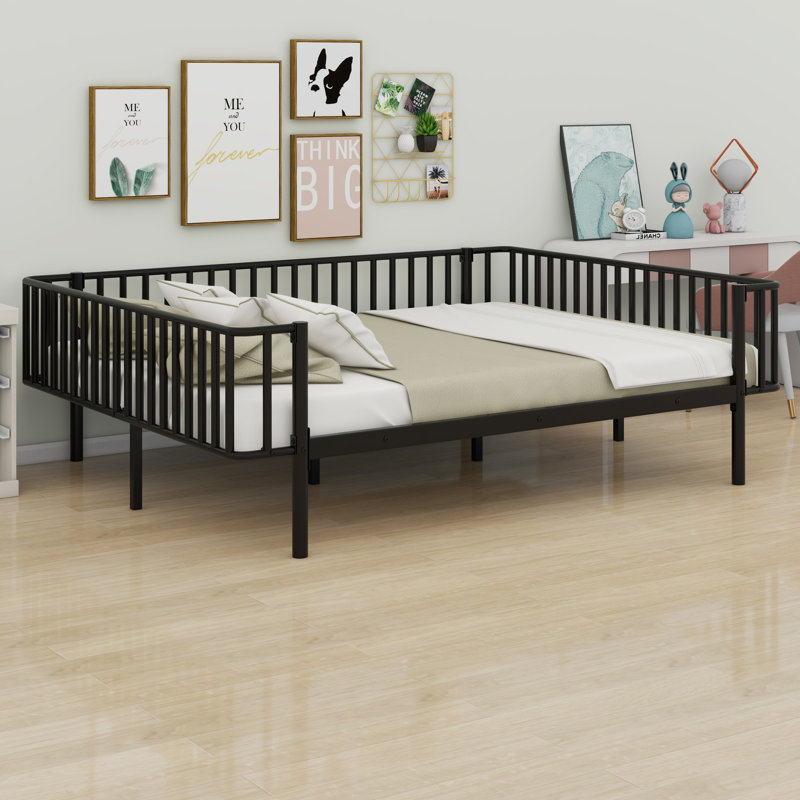 Structure de lit de jour en métal, support de lattes, sommier non requis, Black, Full / Double