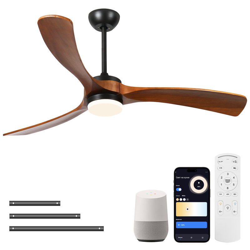 52 Inch Smart Ceiling Fan With Lights And Remote/APP Control, Compatible With Alexa/Google  3 Blade Walnut-Colored Solid Wood