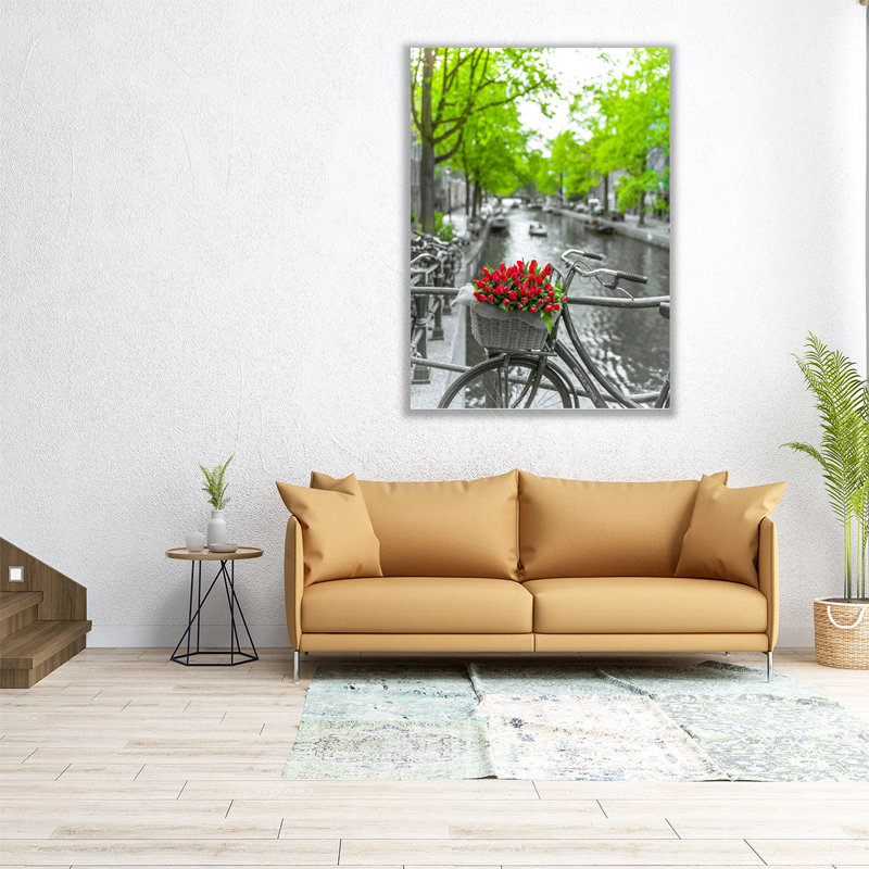 «Vélo avec bouquet de fleurs au bord du canal, Amsterdam», reproduction d'art sur toile, H 60 po x l 45 po
