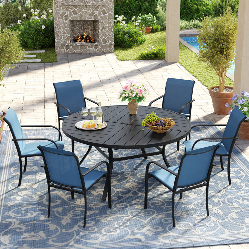 7-Pieces Round Patio Dining Set With Stackable PVC-coated polyester Chairs, Black/Blue