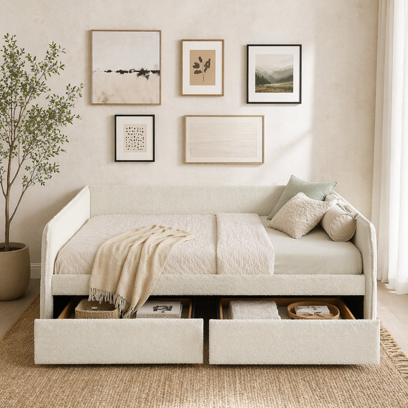 Queen Siz Daybed with Two Drawers, Beige