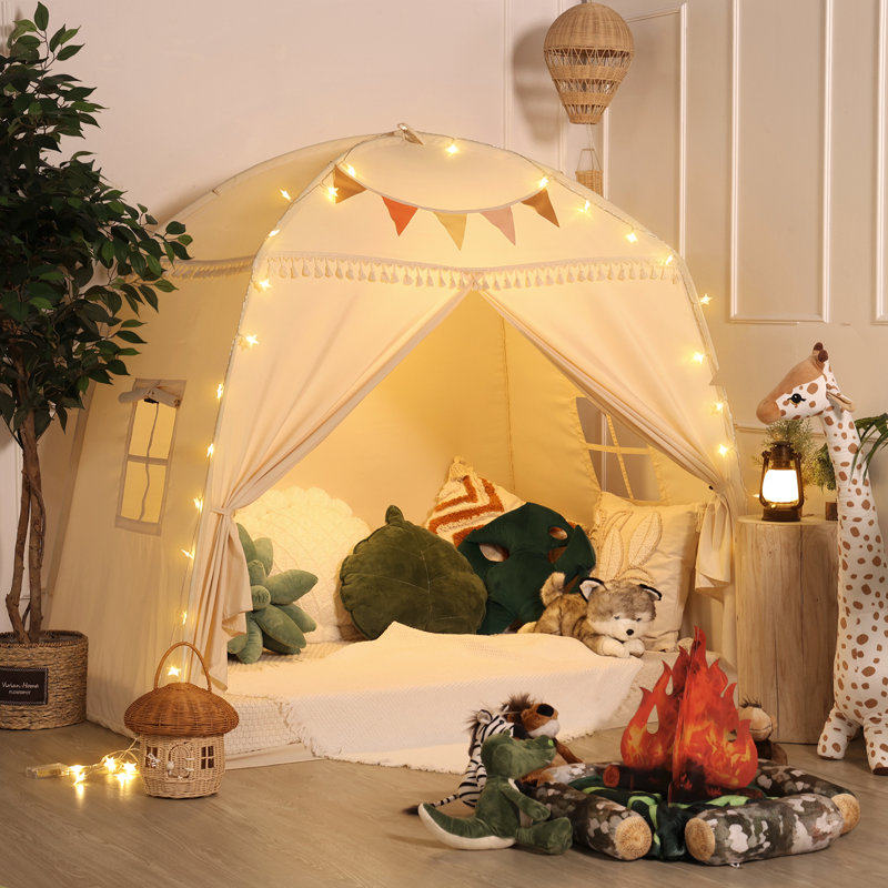 Large Kids Teepee Tent with Star Lights & Flags - Indoor Toddler Playhouse for Boys & Girls | Canopy for Playroom, Bedroom - Perfect Gift Toy (Cream)