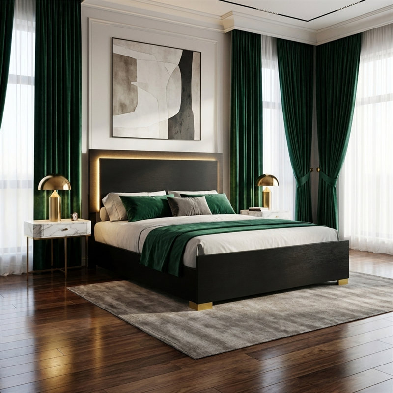 Cadre de grand lit, lit plateforme noir avec DEL, lit à cadre en bois, aucun sommier requis, style rétro, Noir