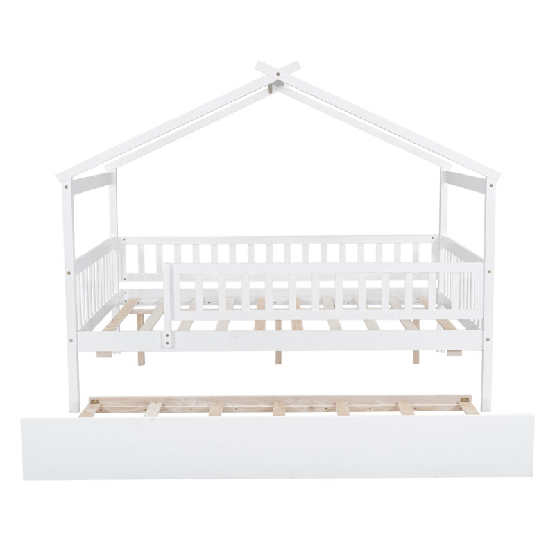 Lit double en bois avec lit gigogne simple, blanc, Blanc