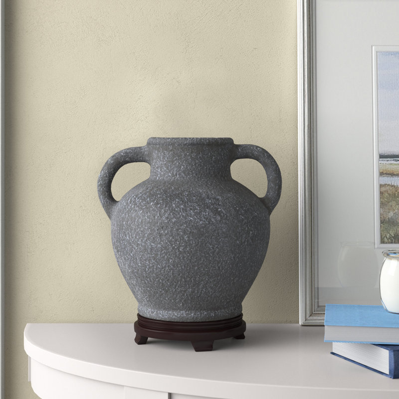 Calila Handmade Watertight Ceramic Table Vase with Textured Whitewashed Finish and Handles