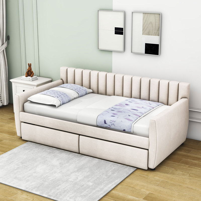 Markar Twin Size Two Drawers Upholstered Daybed, Beige