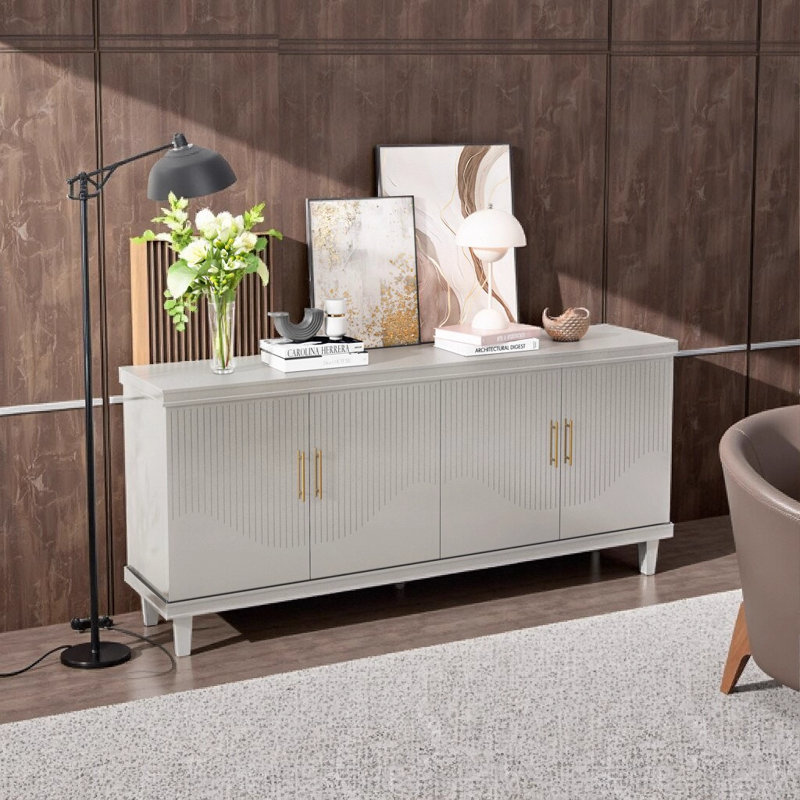 70.07" Large 4-Door Storage Cabinet with Adjustable Shelves, Champagne - Solid Wood & MDF for Living Room, Kitchen, Bedroom, Corridor