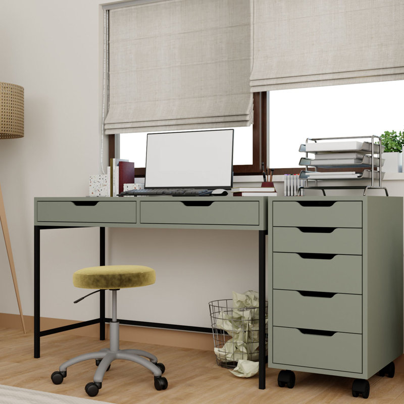 Modern Green Study Desk with Caisson, 47.2 x 30.5 x 21.7 inches | 100% Melamine Coated Particle Board, Thickness: 0.7 inches | Sleek & Stylish Design for Home Office, Durable & Easy to Clean Surface