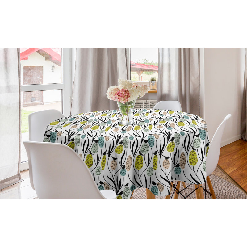 Spring Round Tablecloth, Abstract Botanical Pattern With Bird Silhouettes And Colorful Plants, Circle Table Cloth Cover For Dining Room Kitchen Decoration, 60", Charcoal Grey Multicolor
