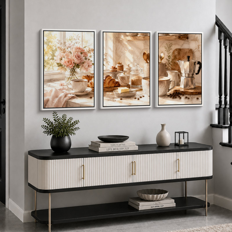 «Sunny Coffee Breakfast Kitchen», art de cuisine, impression sur toile encadrée, 3 pièces, H 24 po x l 48 po x P 1,5 po