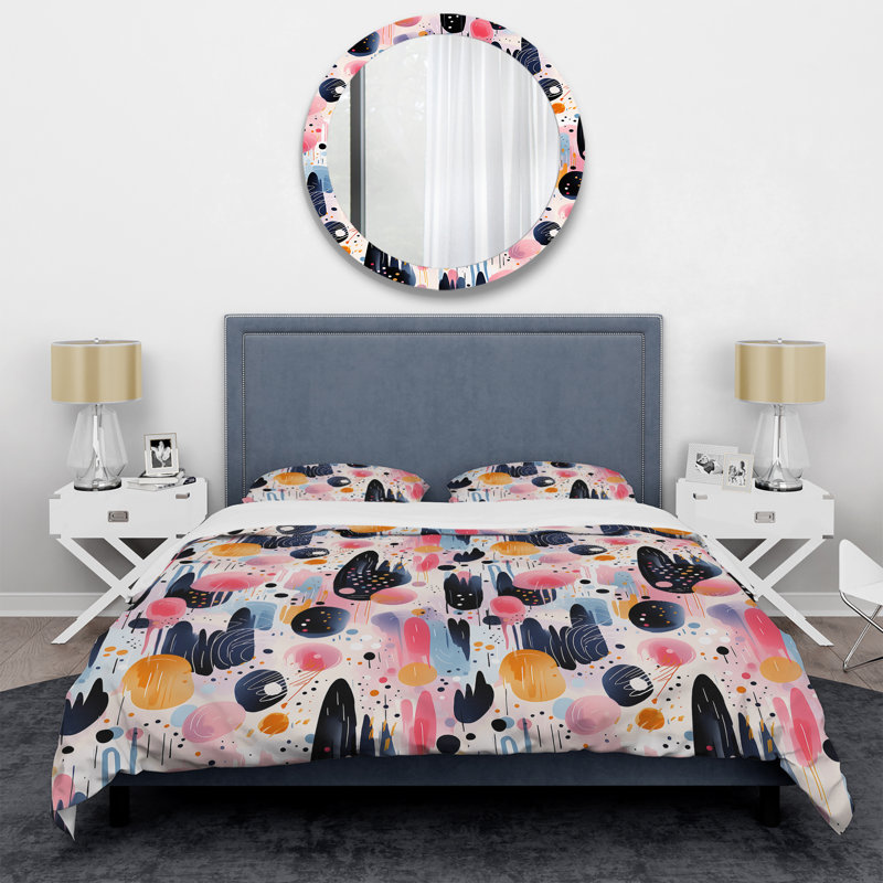 Ensemble de housse de couette bleu et rose Mid-Century, Housse de couette simple + 1 taie décorative stan