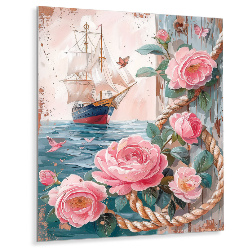 Ancre de pirate rose et vert avec roses roses I - art mural côtier, Métal métal, H 24 po x l 32 po x P 1 po