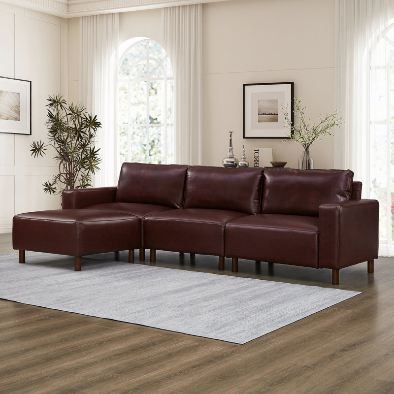 Canapé modulaire en L avec repose-pieds convertible, Burgundy Faux Leather