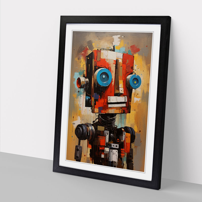 Robot Gestural - Single Picture Frame Print on Wood, 34cm H x 25cm W x 2cm D, Black