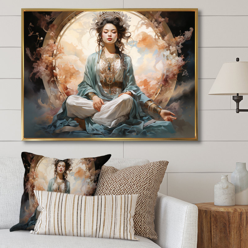 Art asiatique, bodhisattva Grace I - impression, Cadre flottant doré, H 12 po x l 20 po x P 1 po