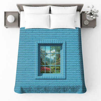Blue Brick Wall Window Quilted Bedspread All Sizes