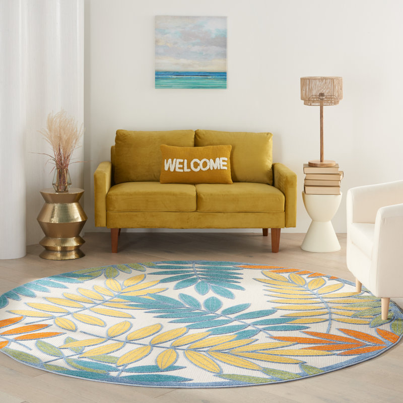 Leonhardt Floral Green/Blue/Yellow/Orange Indoor/Outdoor Area Rug, Round 7'10"