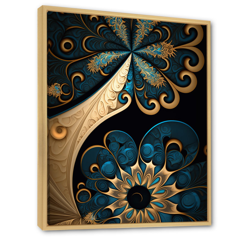 «Fractal Flower» en rétro or et bleu sarcelle foncé sur toile, H 32 po x l 16 po x P 1 po, Cadre naturel flottant