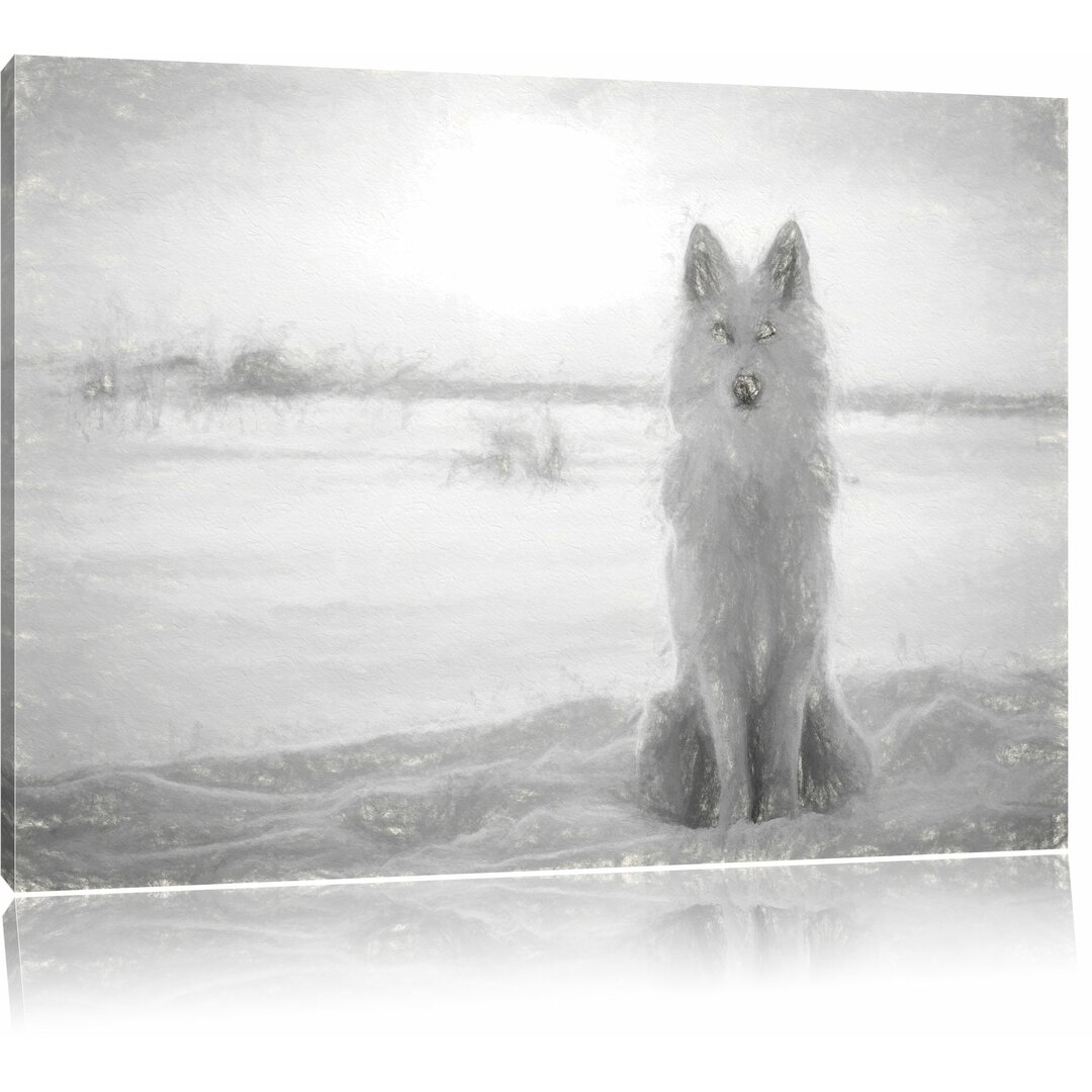 Leinwandbild "Weißer Wolf im Schnee", Grafikdruck