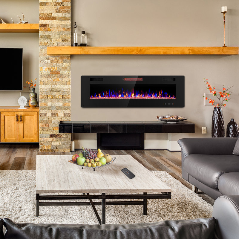 Wall Mounted or Recessed Electric Fireplace with Remote Control and Timer, Thickness 3.8 inch , Top Air Outlet