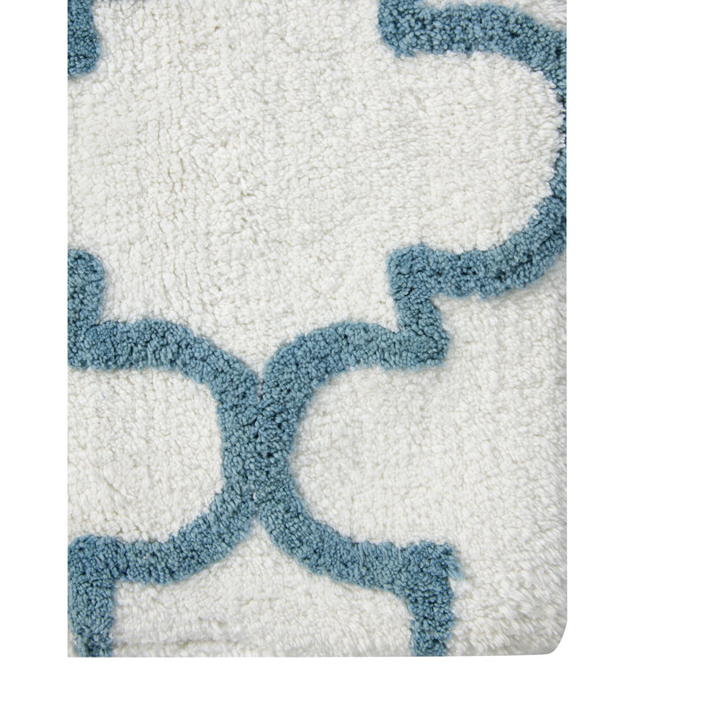 White and Blue Cotton Geometric Bath Rug Set
