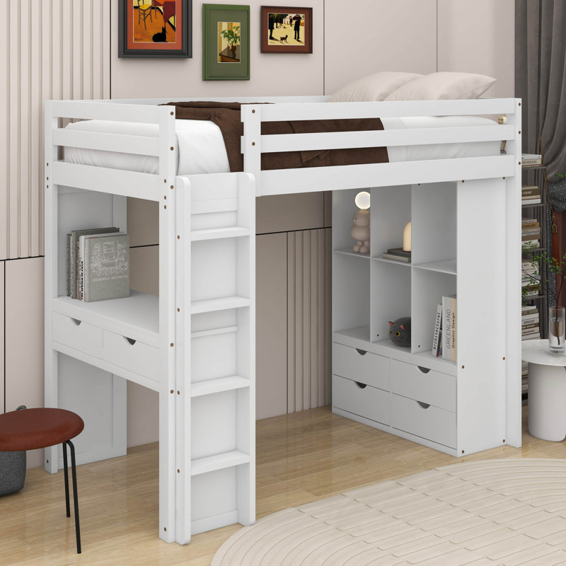  Angret Loft Bed With Large Shelves, Writing Desk And LED Light, Full, White
