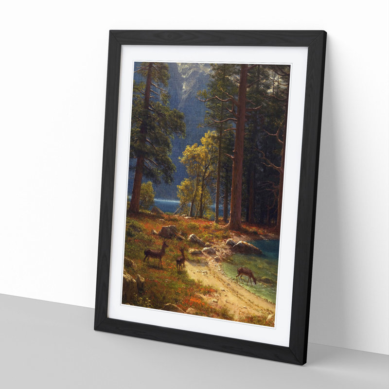 Group of Deer Beside a Lake by Albert Bierstadt - Picture Frame Painting, Black Framed, 65cm H x 48cm W x 2cm D